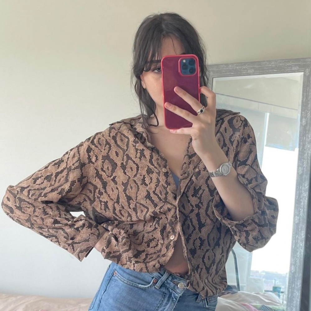 vintage snake print button up long-sleeve oversized blouse